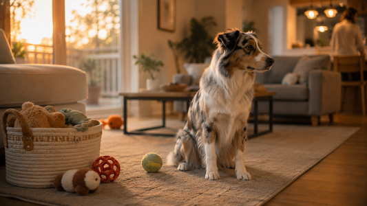 Australian shepherd sitting beside scattered toys while looking away in a warm modern living room