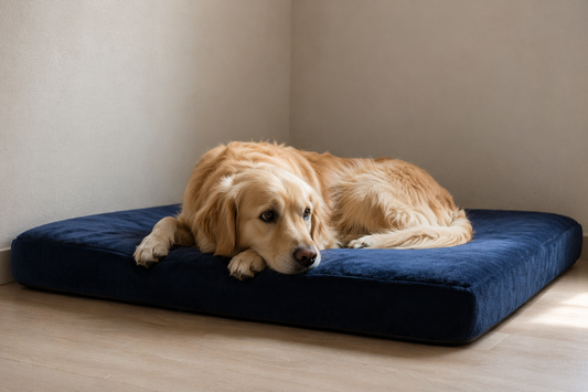 Dog resting lightly on a soft bed in a minimal indoor corner, showing partial relaxation without full disengagement.