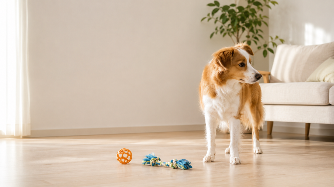 Dog losing interest in toys quickly inside a calm and organized living room environment