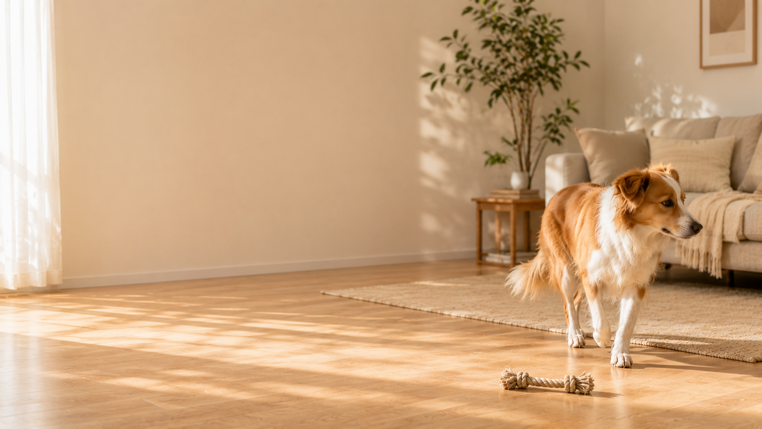 Calm dog resting near a rope toy in a quiet and organized living room with a stable indoor environment