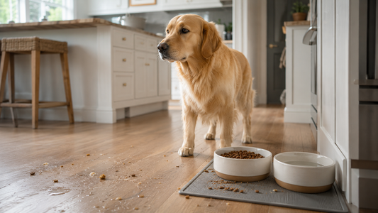 Golden retriever standing near scattered food and water around a feeding mat in a modern kitchen