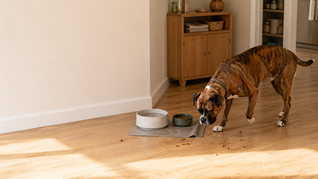 Brindle Boxer mix pausing near scattered kibble and water spills during an indoor feeding routine