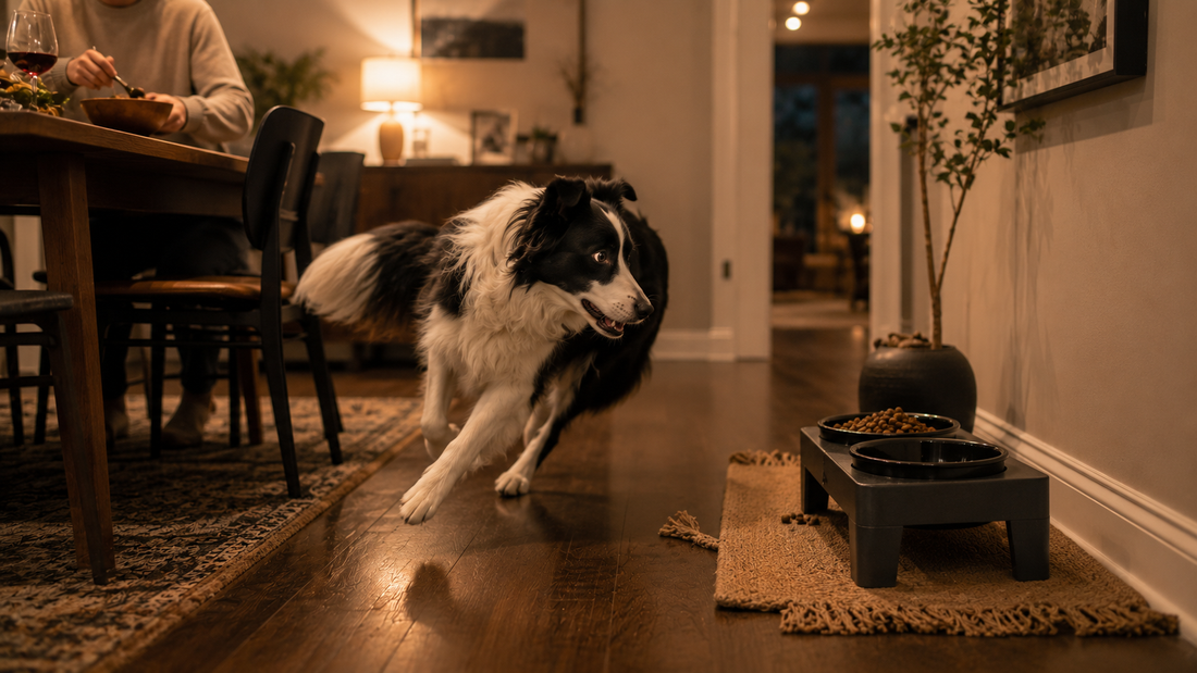 Border collie showing overstimulated behavior near a structured feeding area during evening mealtime routine