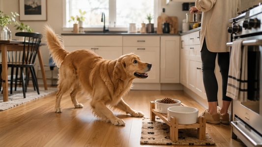 Golden retriever showing overstimulated behavior near elevated dog bowls during feeding time in a modern kitchen