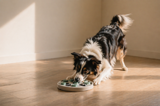 Dog intensely focused on an interactive puzzle toy in a minimal indoor space, showing overstimulation that appears as excess energy.