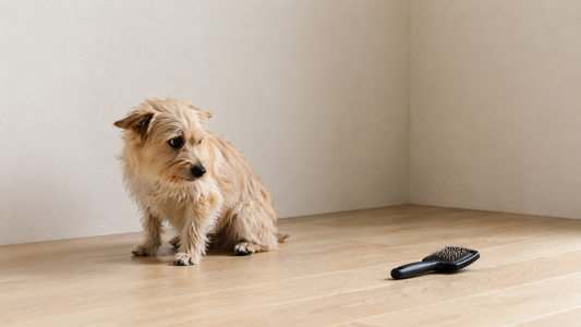 Small dog sitting cautiously in a minimal indoor corner, turning away from a grooming brush on the floor, showing stress before grooming begins.