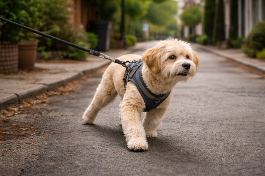 Small dog wearing a harness pulling forward on a leash in an unfamiliar street, showing tension and exploratory behavior in a new walking environment.