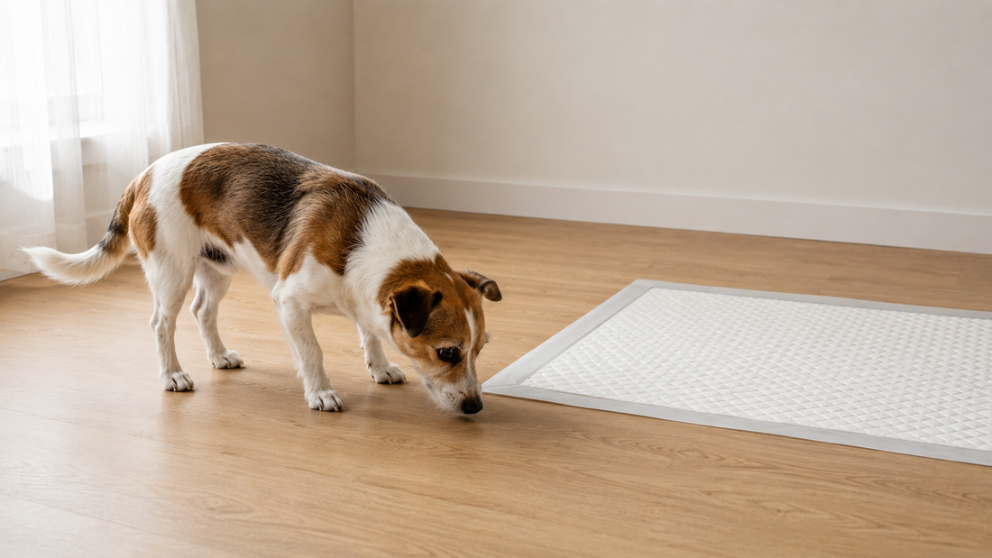 Small dog cautiously sniffing near a clean indoor pee pad in a minimal pet hygiene area after detecting an unfamiliar scent.