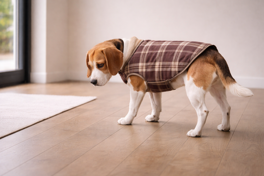 Dog reacts to new gear featuring a beagle wearing a brown plaid vest standing on a wooden floor in a bright indoor setting