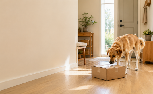 Dog cautiously sniffing a delivery box near a home entryway after noticing a new indoor scent