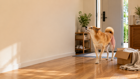Dog reacting to a new indoor scent near an open delivery box inside a calm and organized home environment