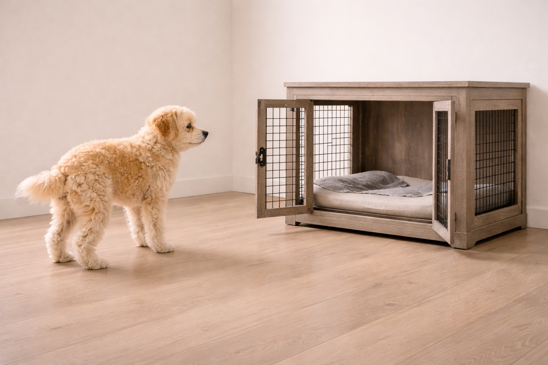 Small dog standing slightly away from an open furniture-style crate in a minimal indoor corner, showing reluctance to enter the crate during daytime.