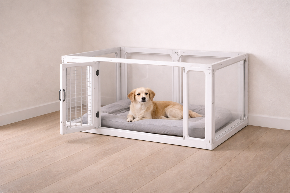 Small dog lying calmly inside a clean indoor playpen in a minimal space, showing relaxed behavior within a familiar safe enclosure.