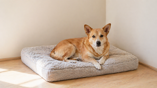 Small mixed breed dog lying calmly on a soft neutral dog bed in a minimal indoor corner, showing relaxed but aware behavior in a familiar resting space.