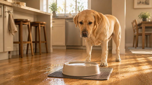 Labrador retriever standing near a slow drinking water bowl with small water spills on the kitchen floor