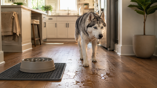 Siberian husky leaving water drips across the kitchen floor after drinking from a slow water bowl