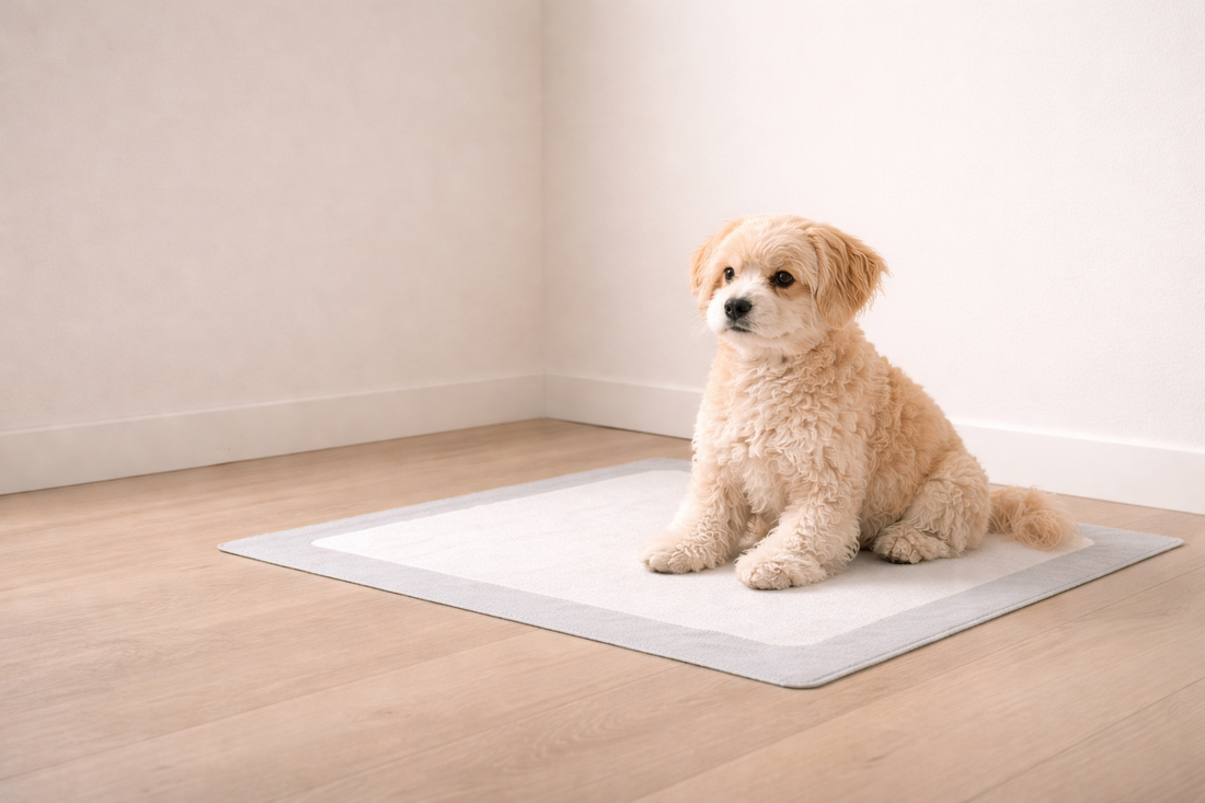 Small dog calmly sitting on a hygiene pad in a minimal indoor corner, showing a stable and predictable routine.
