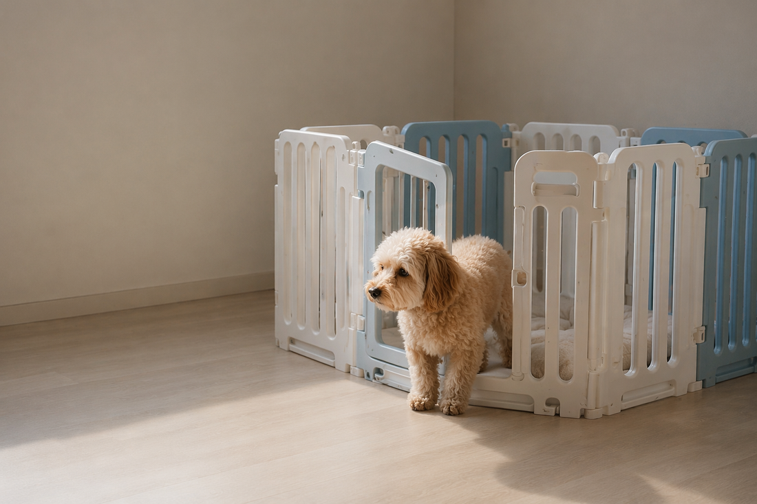 Dog hesitating at the entrance of a playpen in a minimal indoor space, showing transition from exposed area to enclosed safety.