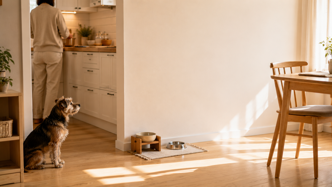 Small terrier waiting calmly near a kitchen feeding area before mealtime in a bright clean home