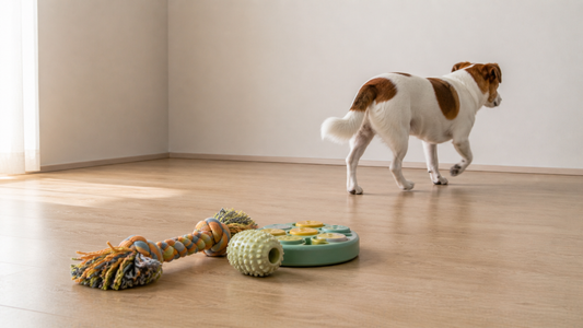 Small dog stepping away from interactive toys on a minimal indoor floor, showing loss of interest and disengagement despite toys being present.