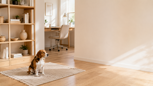 Calm beagle resting in a clean home office space with stable indoor surroundings and soft morning light