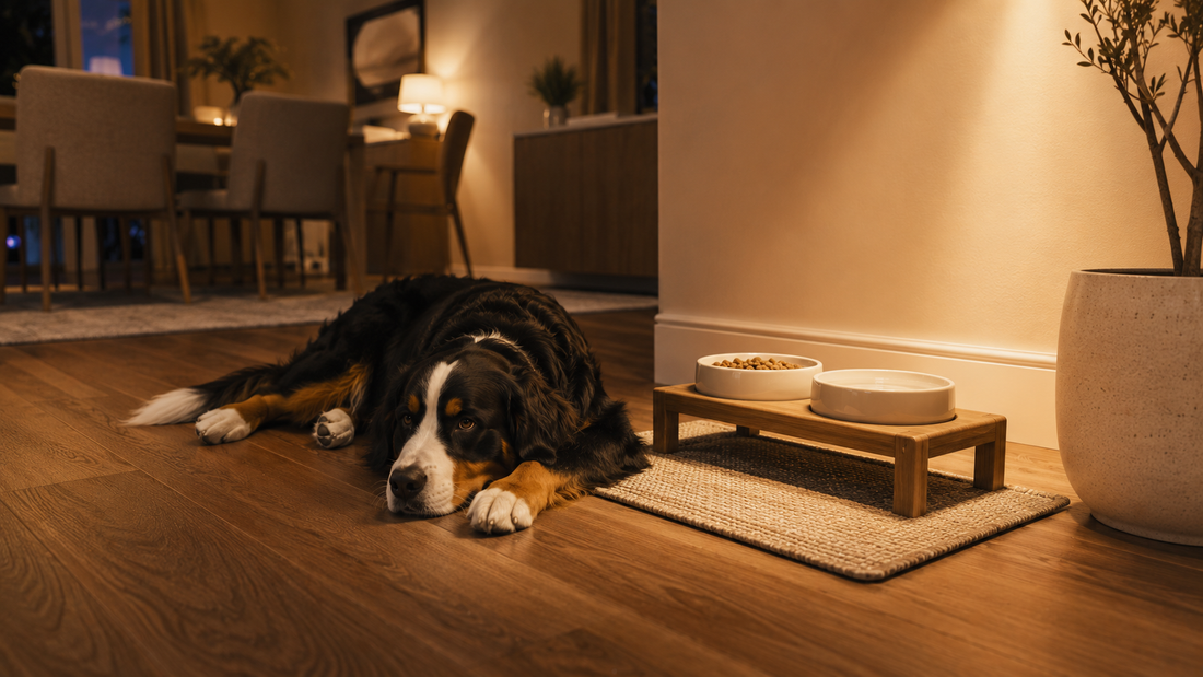 Bernese mountain dog resting calmly beside an elevated feeding station in a warm evening dining space