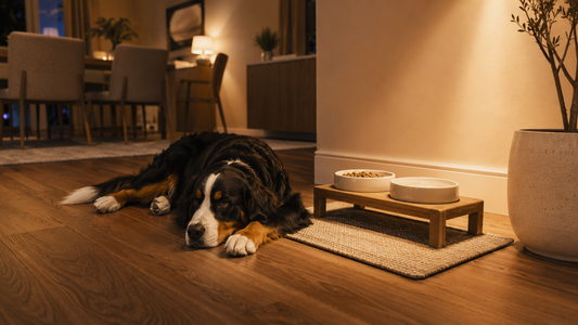 Bernese mountain dog resting calmly beside an elevated feeding station in a warm evening dining space
