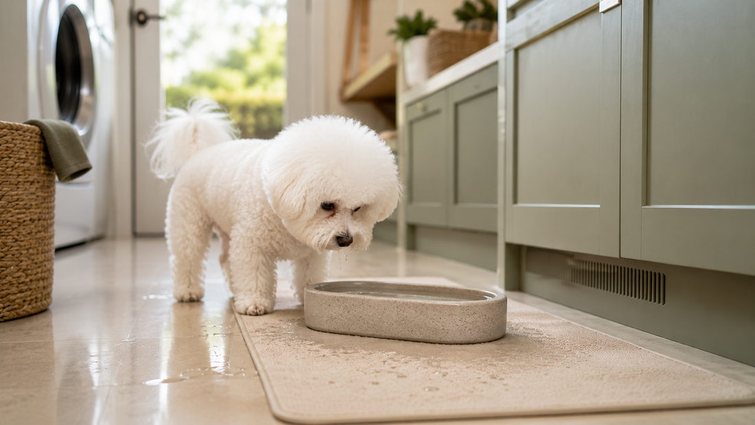 Bichon Frise standing beside a stone water bowl with small water spills in a calm modern utility kitchen space