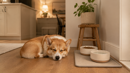 Welsh corgi resting calmly beside a structured feeding area in a warm modern kitchen interior