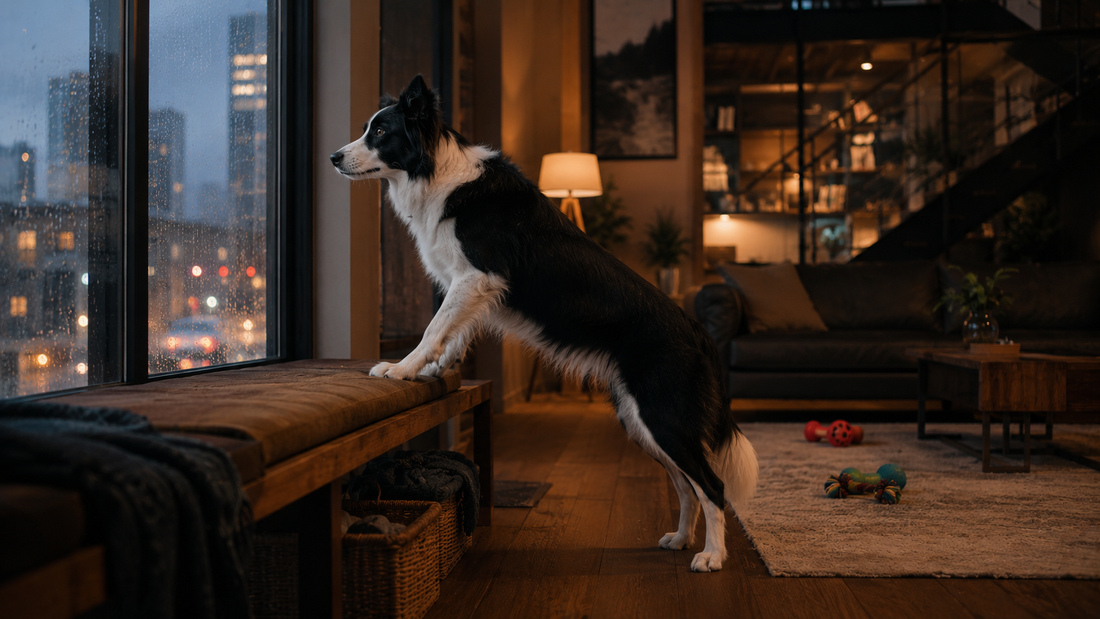 Border collie watching outside through a rainy window while ignoring toys in a warm modern living room