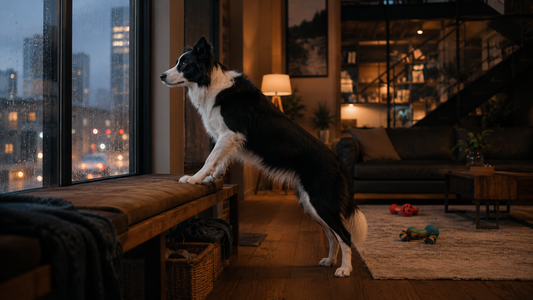 Border collie watching outside through a rainy window while ignoring toys in a warm modern living room