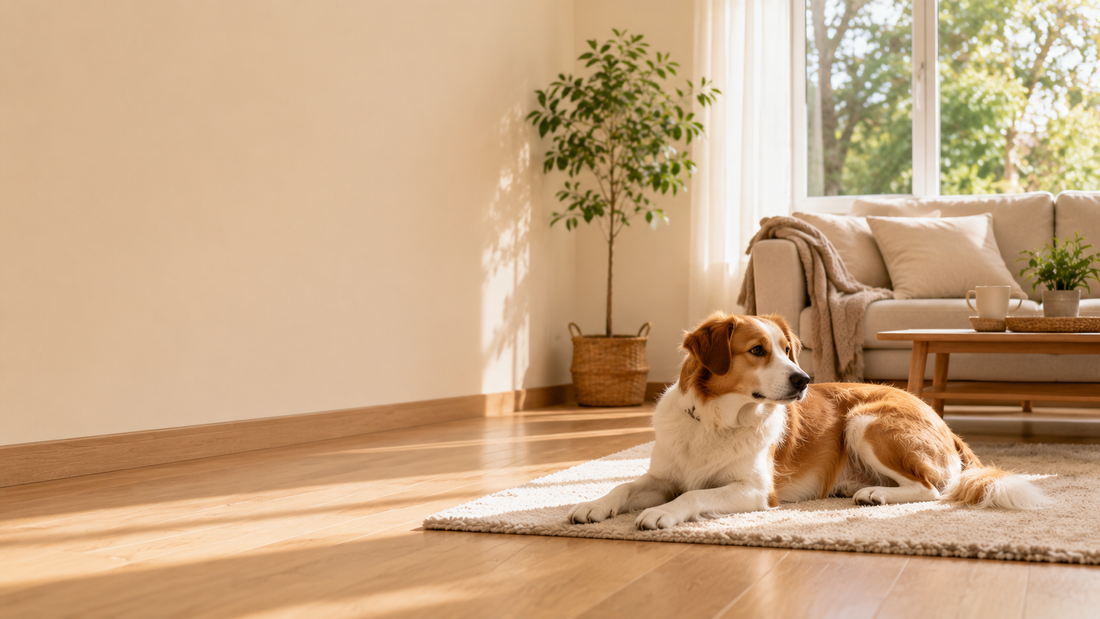 Calm dog resting on a rug in a bright and stable indoor living space with soft natural morning light