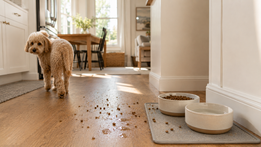 Small poodle mix walking away from a feeding area with scattered kibble in a warm modern kitchen