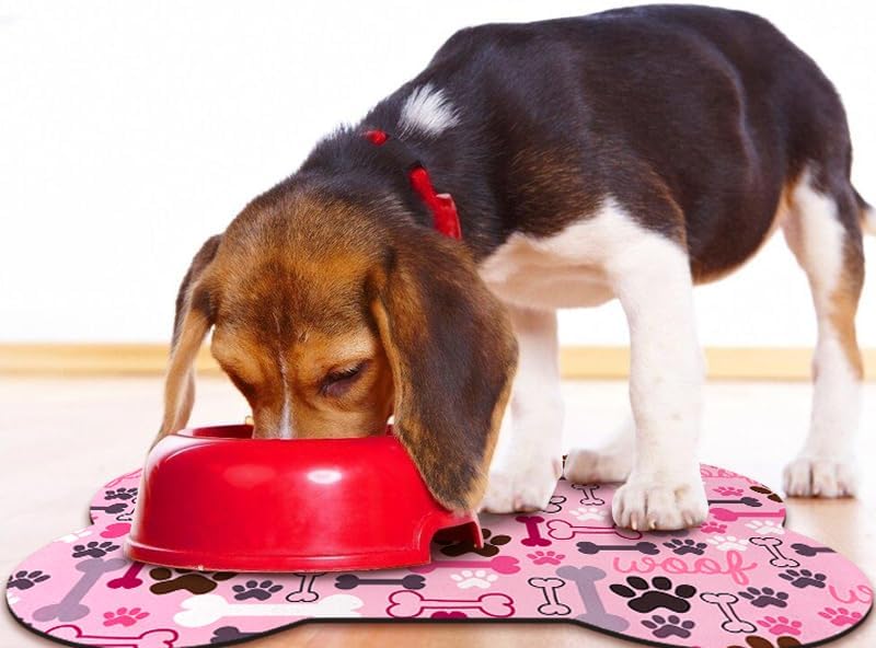 Dog Food Mats for Floors Waterproof, Pet Feeding Absorbent Water Bowl Mat Cat Placemats Pink Bone Shape 23.6 * 15.7 inch