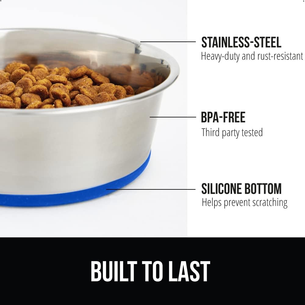 GORILLA GRIP Set of 2 Dog Bowls, Holds 8 Cups (64 fl oz), Heavy Duty Metal Food and Water Bowl for Feeding Dogs and Cats, Dishwasher Safe, Rust Resistant Stainless Steel, BPA Free Rubber Base, Blue