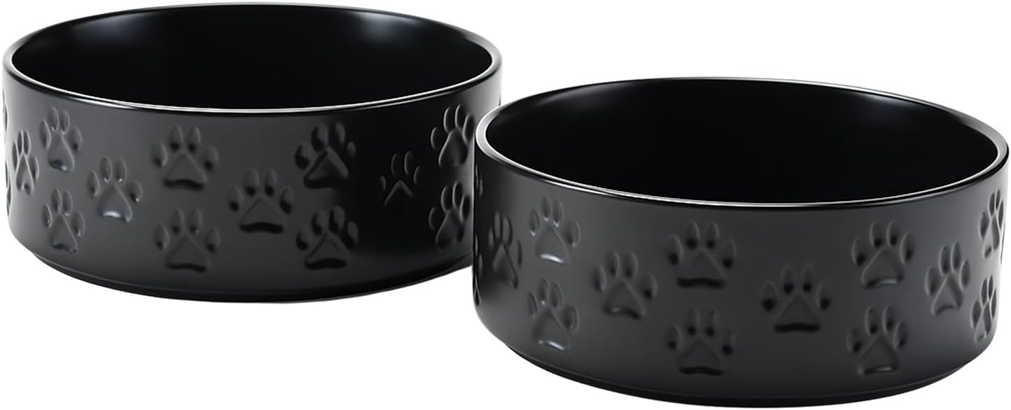 SPUNKYJUNKY Ceramic Dog Bowls 2 Pack, 8.3'' Dog Food Water Double Feeding Bowls Non-Slip for Medium to Large Sized Breed Microwave Dishwasher Safe - 60 OZ, 2pcs, Paw Black