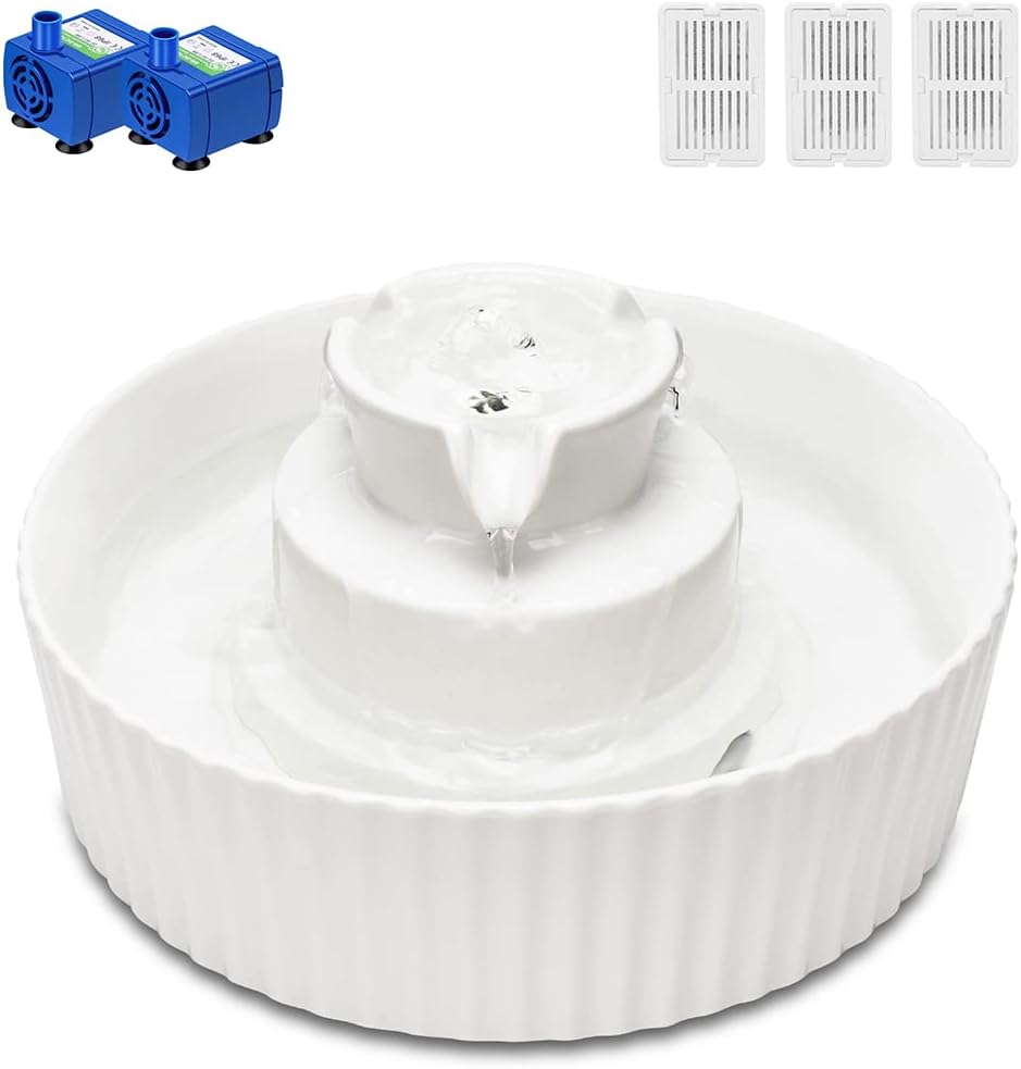 Ceramic Cat Water Fountain, 2.1L/71oz Cupcake Pet Water Fountain for Dog and Cat Indoor, 2 Ultra Quiet Pumps & 3 Filters