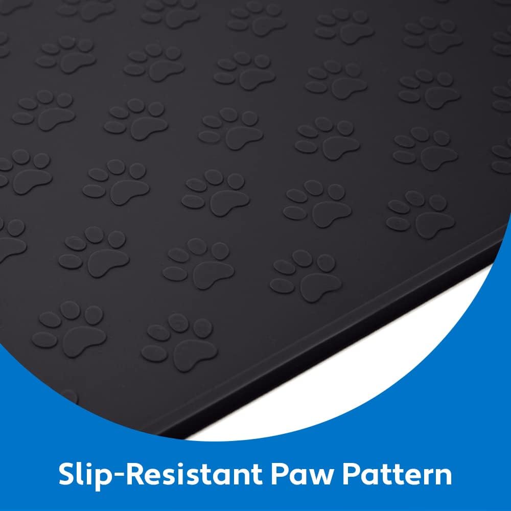 MIGHTY MONKEY 100% Waterproof Dog Food Mat, Raised Edges Silicone Pet Feeding Placemat for Cat, Dogs, Pet Bowls, High Lipped Tray Prevents Water Spills, Food on Floor, Dishwasher Safe, 24x16, Black