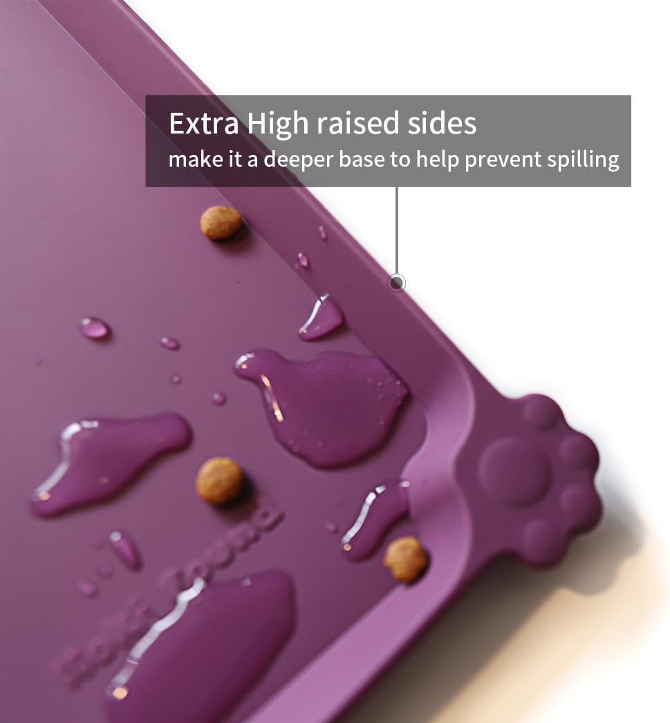 Hoki Found Waterproof Pet Feeding Mats with High Lips, Multiple Size and Colors for Dogs, Cats & Others -Eggplant