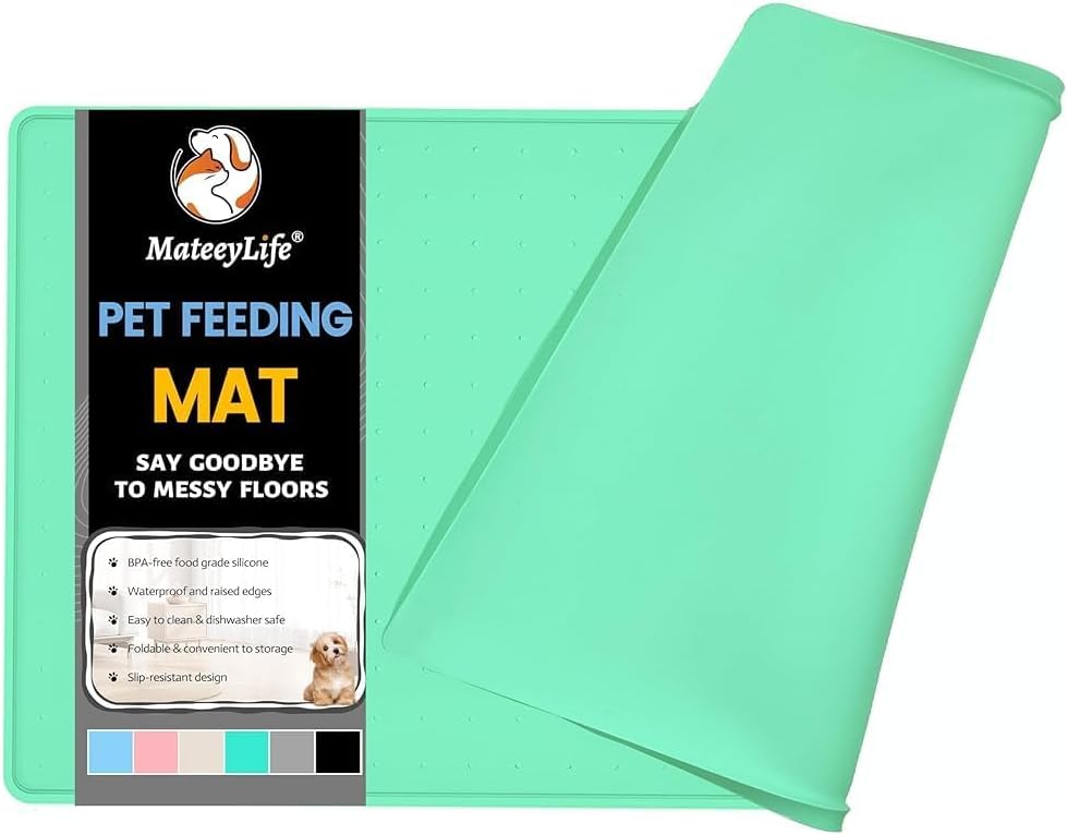 MateeyLife Dog & Cat Food Mat - Waterproof, Nonslip, Raised Edges, Silicone Tray for Messy Drinkers, 24"x16", Mint Green