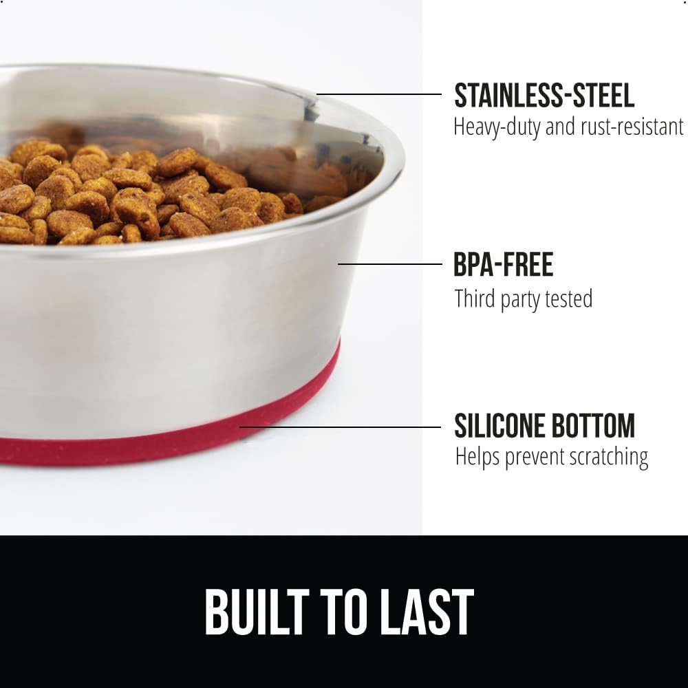 GORILLA GRIP Set of 2 Dog Bowls, Holds 4 Cups (32 fl oz), Heavy Duty Metal Food and Water Bowl for Feeding Dogs and Cats, Dishwasher Safe, Rust Resistant Stainless Steel, BPA Free Rubber Base, Red
