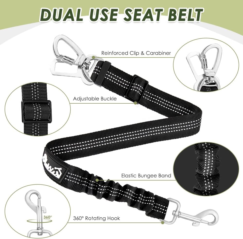 SlowTon Dog Seat Belt Harness for Car, Dog Car Harness Adjustable Mesh Breathable & Dog Seatbelt Safety Tether with Elastic Bungee for Small Medium Large Pets(Red, Double Clip, S)