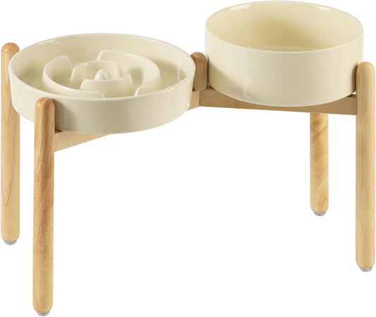 Ceramic Raised Slow Feeder Dog Bowl Set, Elevated 8.2inch Bowl and 9.5inch Puzzle Slow Food Dish with Wooden Stand for Large Dog, Anti-Gulping (2X Beige+ Stand)