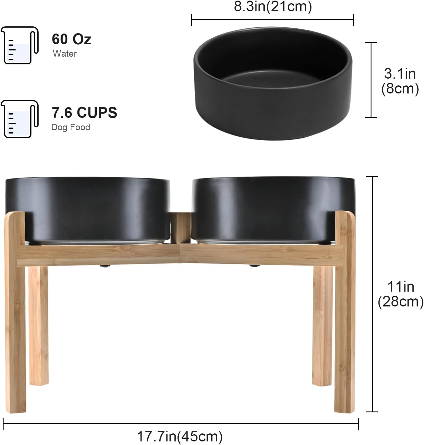 SPUNKYJUNKY Elevated Dog Bowls Ceramic, 8.3'' Dogs Food Water Bowls Raised with Non-Slip Bamboo Stand for Large Sized Breed Microwave Dishwasher Safe - 60 OZ,Black