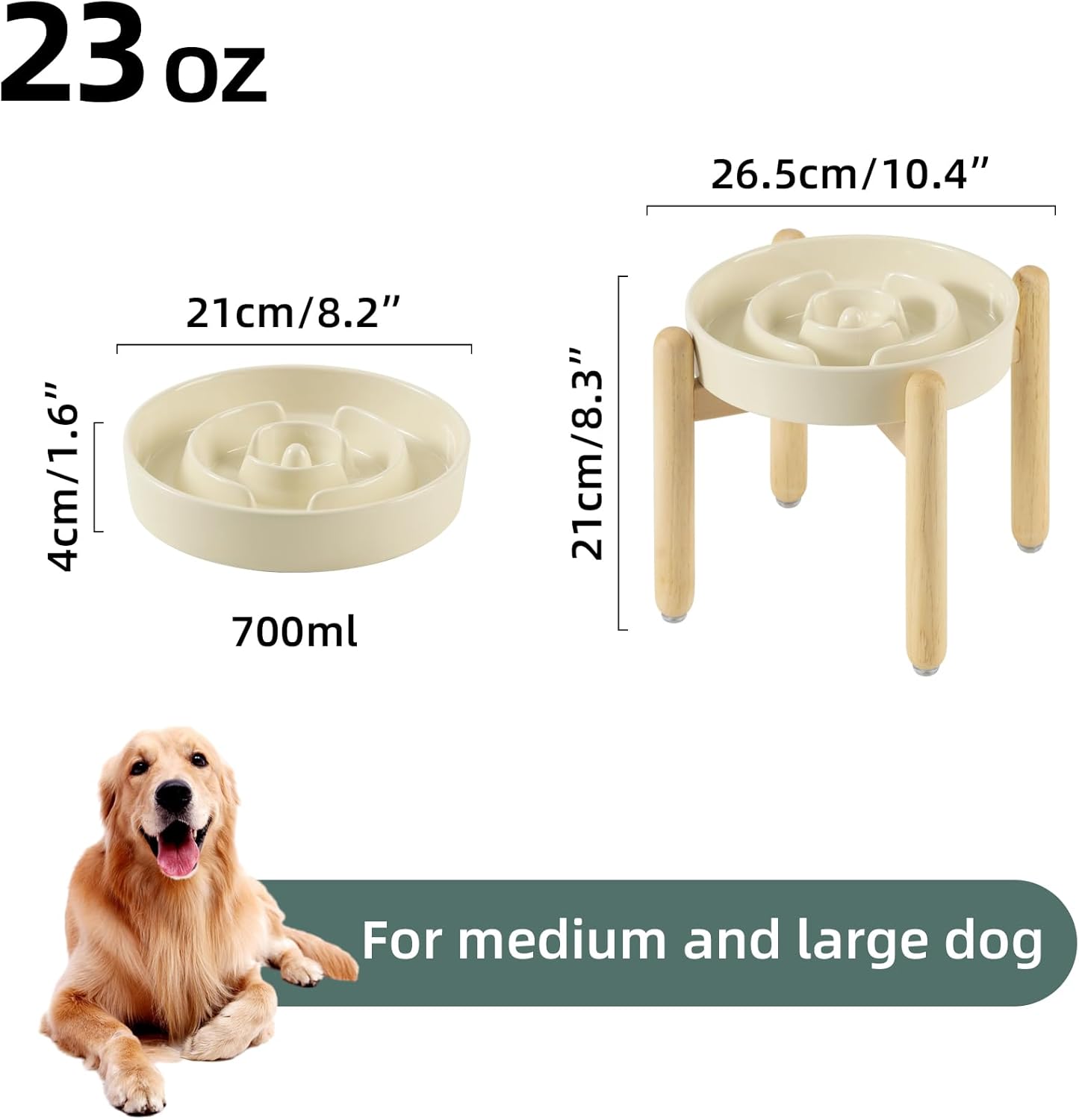 8.2inch Ceramic Raised Slow Feeder Dog Bowl Set, Elevated Wooden Stand for Large and Medium Dog, Puzzle Slow Dish, Anti-Gulping(Beige, Single Bowl+ Stand)