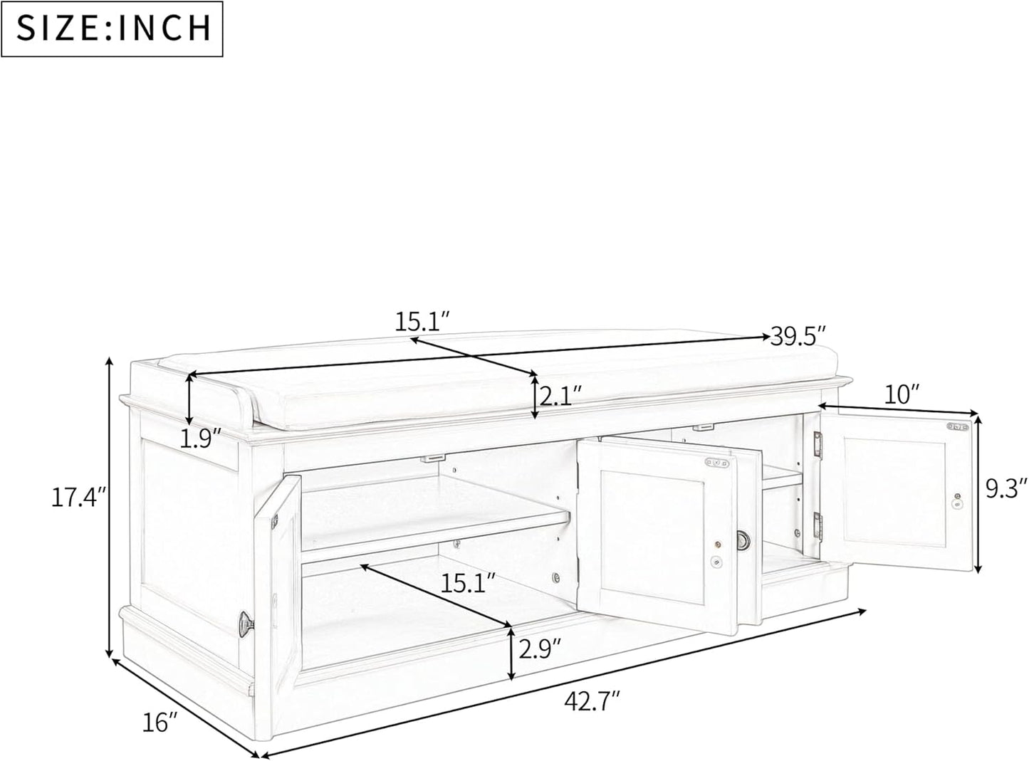 Storage Bench with 4 Doors and Adjustable Shelves, Shoe Bench with Removable Cushion for Living Room, Entryway 42.7" L x 16" W x 17.4" H (White)