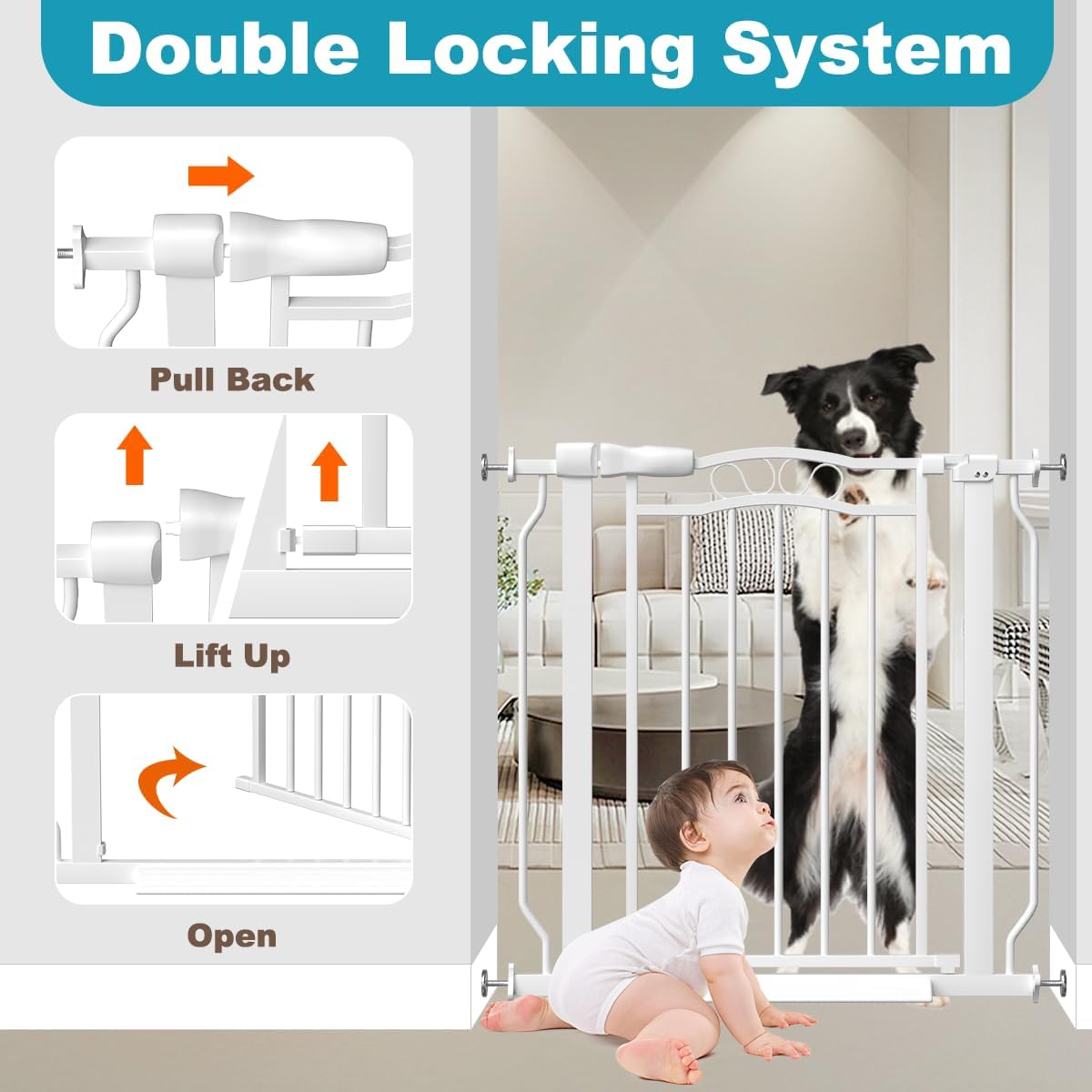 29.9-43.7 in Wide Baby Gate for Stairs Doorways, Auto Close Child Safety Gates Indoor for Dogs Pets, Pressure Mounted Metal Barrier Kids Toddler Door Walk Through, 30" Tall, White