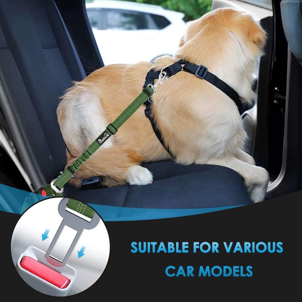 SlowTon Dog Seat Belt for Car, 2 Pack Dog Car Harness Seatbelt Adjustable with Elastic Bungee Buffer, 2 in 1 Pet Car Leash Headrest Restraint Dog Reflective Safety Tether (Green, Headrest+Clip)