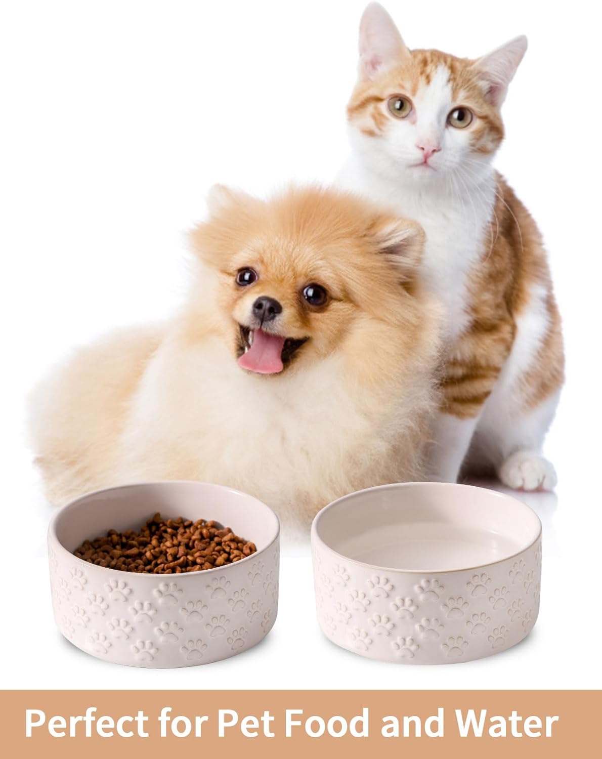 UBEE Ceramic Dog Bowl Set of 2, 5.1 inch Dog Dish Food Bowl with Paw Pattern, Pet Food Water Dish Feeding for Small Dogs and Large Cat, White