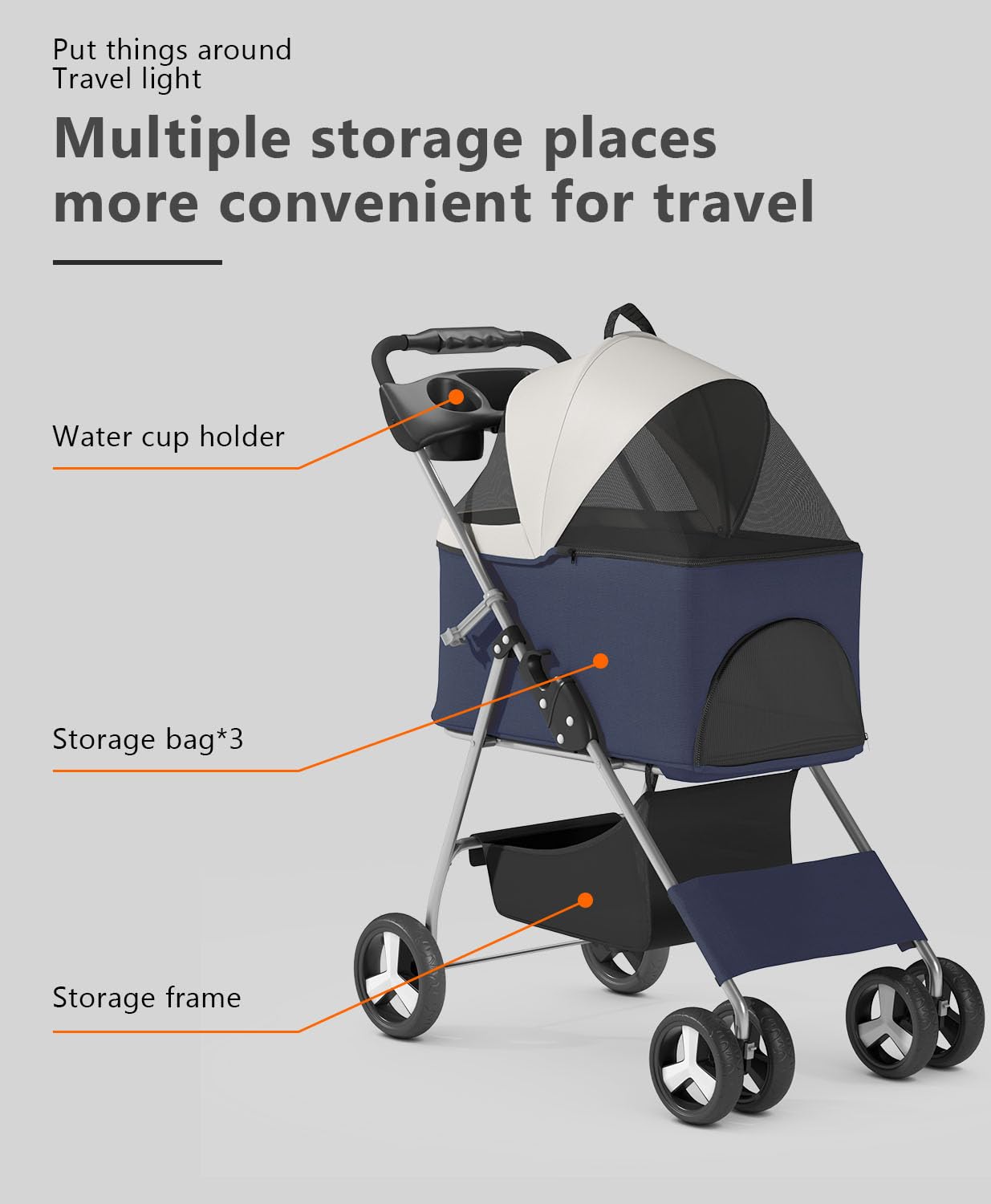 Pet Stroller with 4 Wheels for Small/Medium Pets,Travel Foldable Detachable Carrier for Dog Cat Cage Jogger Stroller, Rear Wheel Breaks, Storage Basket, Visible Mesh Weather Cover (Navy Blue)